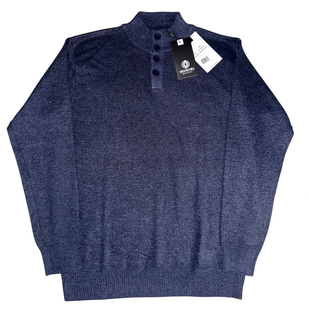 Akademiks Mens Heather Blue Mock Neck Button Placket Sweater‎ XXL NEW